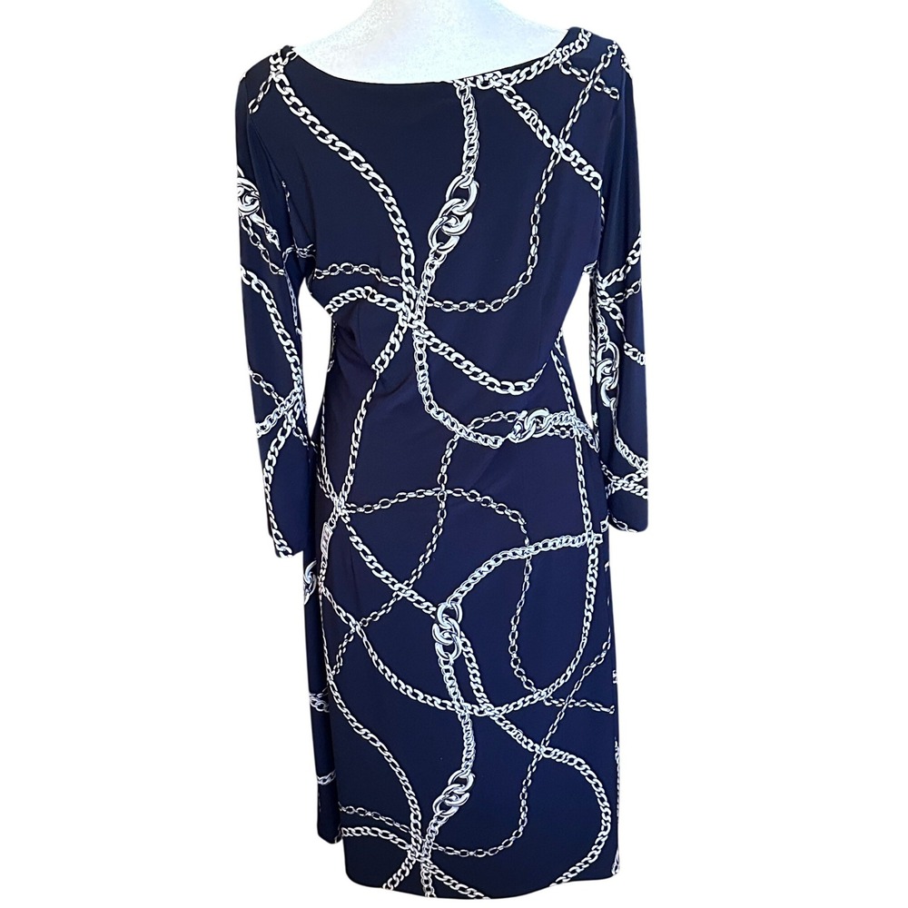 Lauren Ralph Lauren Navy Chain Link Print Ruched Sheath Dress Size 12 Boat Neck - Picture 6 of 10